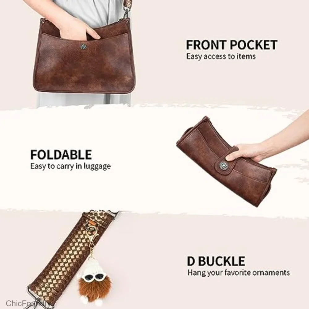 Vegan Leather Hobo Crossbody Bag with 2 Detachable Straps, Large Capacity